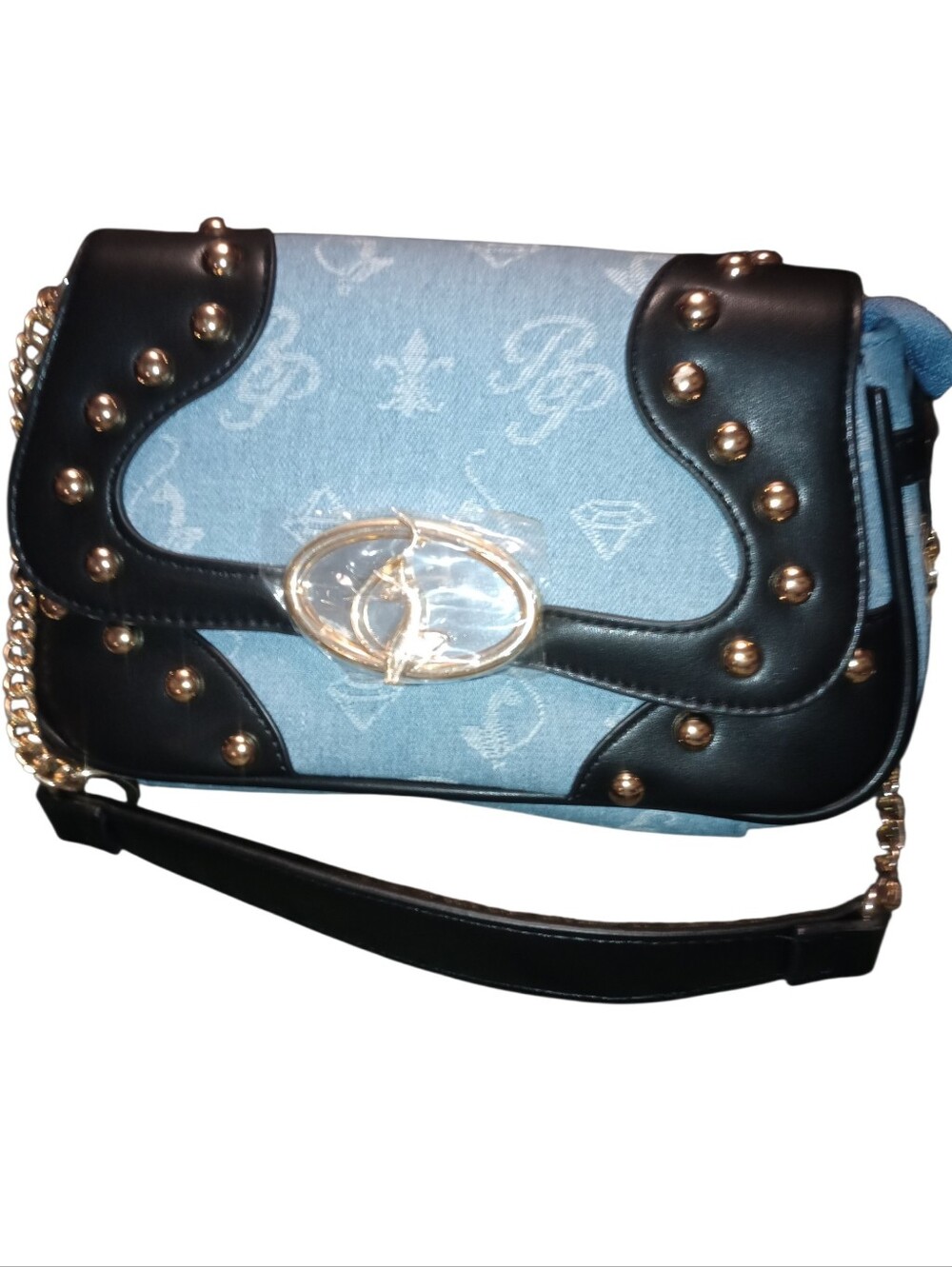 Baby PHAT Blue Denim and Black Studded Shoulder Bag with Gold Hardware, NWT